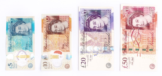 UK Pound or pound sterling banknotes consist of £5, £10, £20 and £50