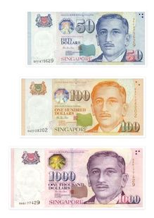 Singapore dollars 50, 100, 1000 Singapore dollar banknotes consist of $2, $5, $10, $50, $100, $1,000 and $10,000.