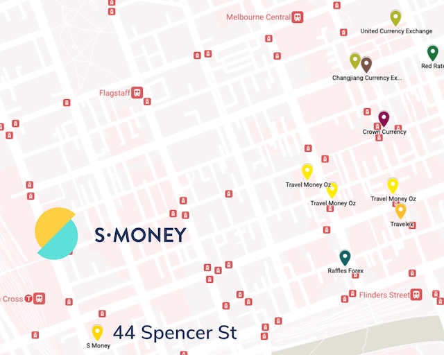 Map of currency exchange stores in Melbourne