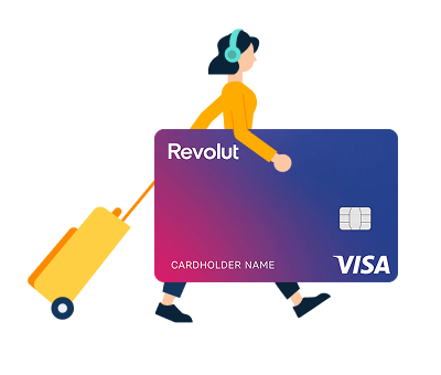 Illustration of a woman with a Revolut Travel Card and suitcase