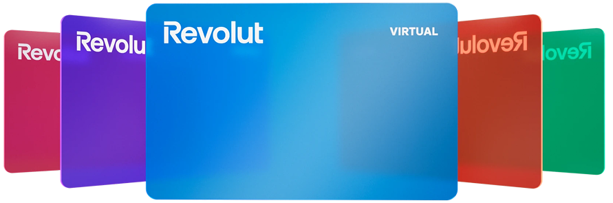 A set of five Revolut cards in blue, purple, red, green, and orange, with the blue virtual card prominently displayed in the center