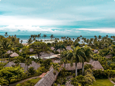 Aerial view of a Fiji tropical resort with thatched-roof buildings, lush green palm trees, and the ocean in the background under a cloudy sky.