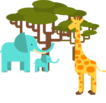 Illustrated scene inspired by South Africa, featuring two blue elephants—an adult and a calf—near a tree, while a yellow giraffe with orange spots stands gracefully in the foreground.