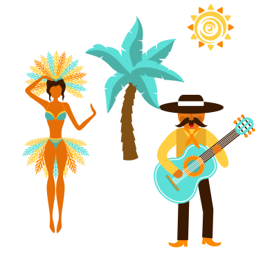 Illustration of a woman in a feathered costume dancing and a man in a hat playing guitar, set against a palm tree and sun, capturing vibrant South America festival energy.