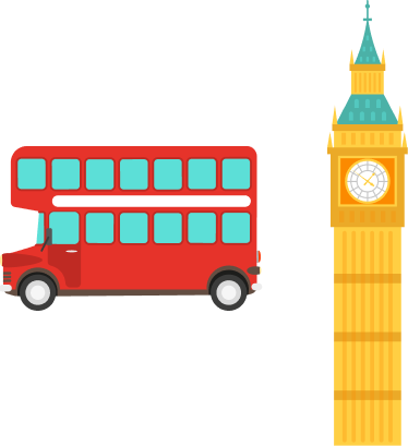 Get Your Travel Card for UK Illustration of a red UK double-decker bus next to the Big Ben clock tower on a black background
