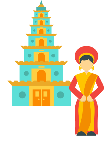 Get Your Travel Card for Vietnam Illustration of a person wearing traditional Vietnamese clothing standing in front of a pagoda-style building in Vietnam.