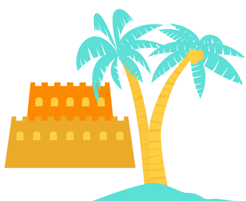 Illustration of a stepped, sand-colored building next to two tall palm trees on a small blue mound, set against a black background—evoking a tranquil Fiji-inspired scene.