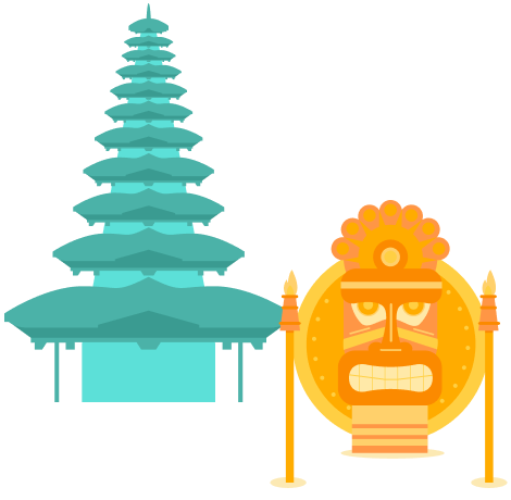 Illustration of a teal multi-tiered pagoda next to a stylized golden Bali statue with a face and two columns.