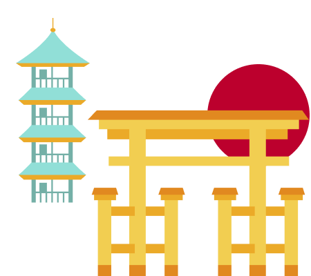 get your travel card for japan Illustration of a Japanese pagoda, a torii gate on water, and a red sun in the background, evoking the serene beauty of Japan.