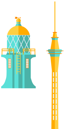 get your travel card for new zealand Illustration of two towers: one is a teal and yellow lighthouse with a ladder, inspired by New Zealand’s coastal scenery, and the other is a tall, modern yellow and teal observation tower with an antenna.