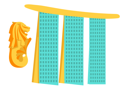 Illustration of Singapore’s iconic Marina Bay Sands hotel beside the Merlion statue, showcasing two of the country’s most recognizable landmarks.