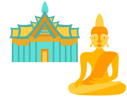 Illustration of a golden Buddha statue seated before a traditional temple in Thailand.