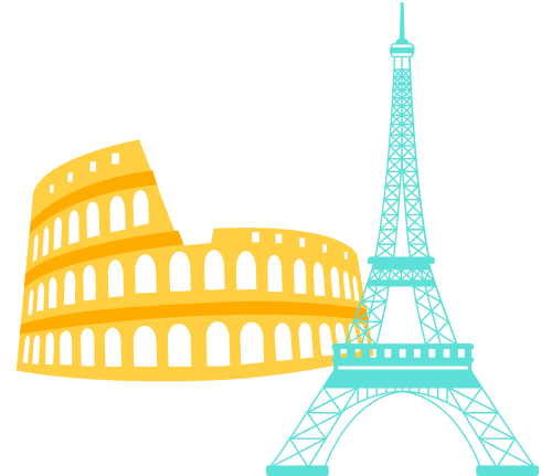 travel to europe Illustration of two iconic Europe landmarks: the Roman Colosseum in yellow and the Eiffel Tower in blue, positioned side by side.