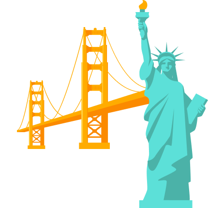 travel to usa Illustration of the Statue of Liberty in front of the Golden Gate Bridge on a black background, capturing iconic USA landmarks.