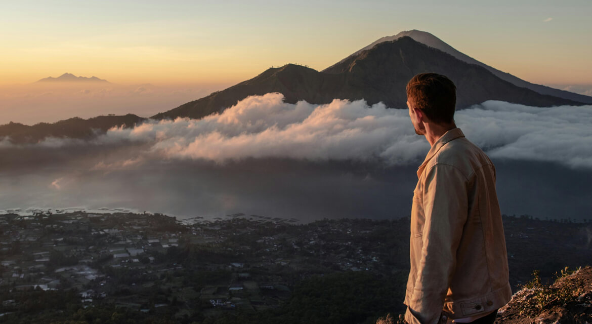 Mount Batur sunrise trek in Bali—active volcano with panoramic views of Lake Batur and surrounding landscapes.