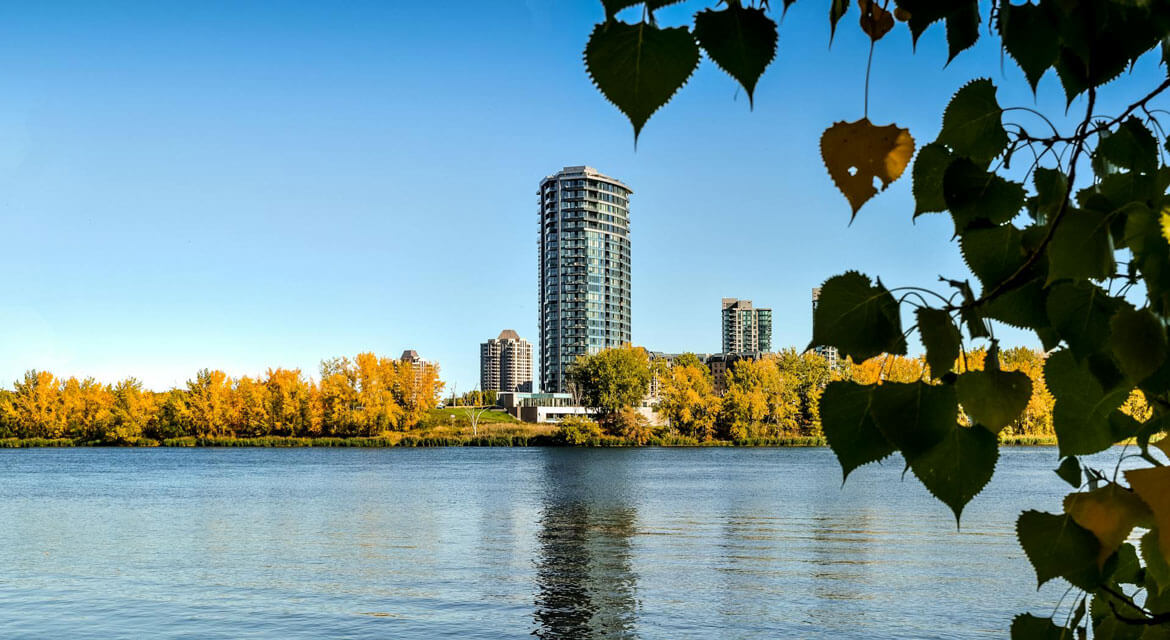 Scenic view of Montreal’s waterfront with a tall modern building, autumn-colored trees, and reflections in calm water framed by leafy branches