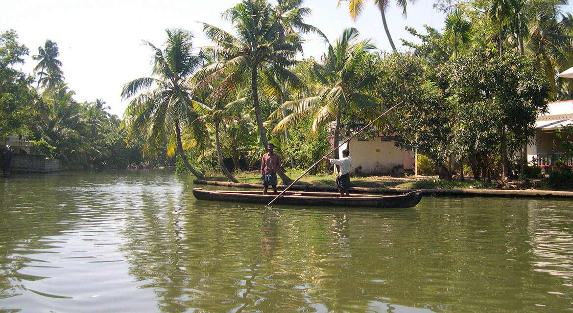 Two people navigating a wooden boat through calm waters surrounded by palm trees and tropical greenery in Kerala’s serene backwaters